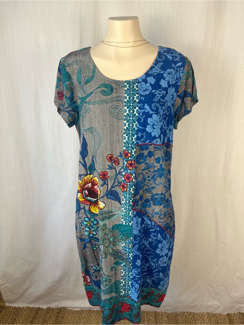 Blue Floral Patchwork Maxi Dress - Casual Scoop Neck
